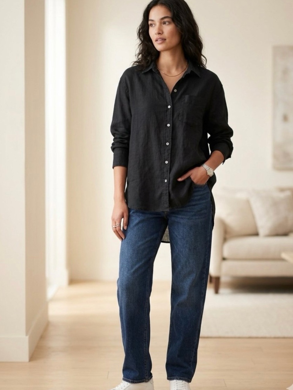 GAP women’s 100% linen Black Casual Button-Down Shirt medium